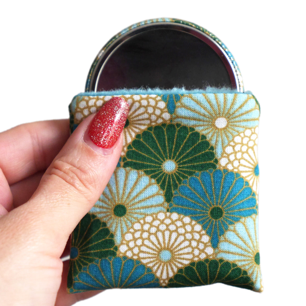 Miroir de poche rond 56mm et son étui assorti en tissu motifs écailles fleurs bleu turquoise vert