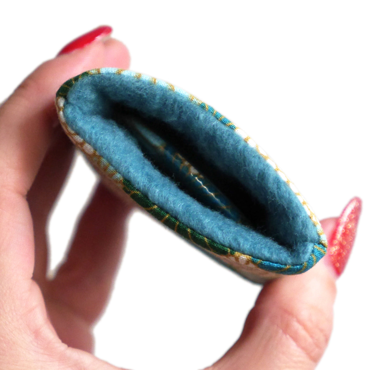 Miroir de poche rond 56mm et son étui assorti en tissu motifs écailles fleurs bleu turquoise vert