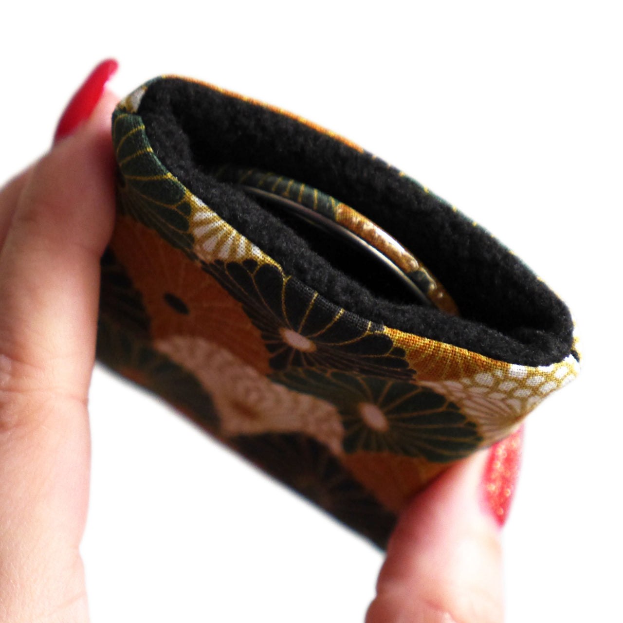 56mm round pocket mirror and matching fabric case with scale patterns, flowers, bronze, green, black