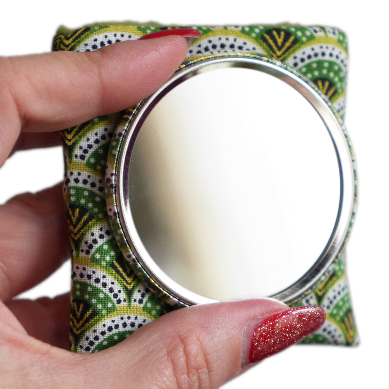 Miroir de poche rond 56mm et son étui assorti en tissu motifs écailles vert