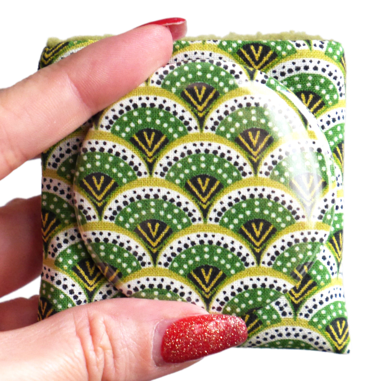 Miroir de poche rond 56mm et son étui assorti en tissu motifs écailles vert