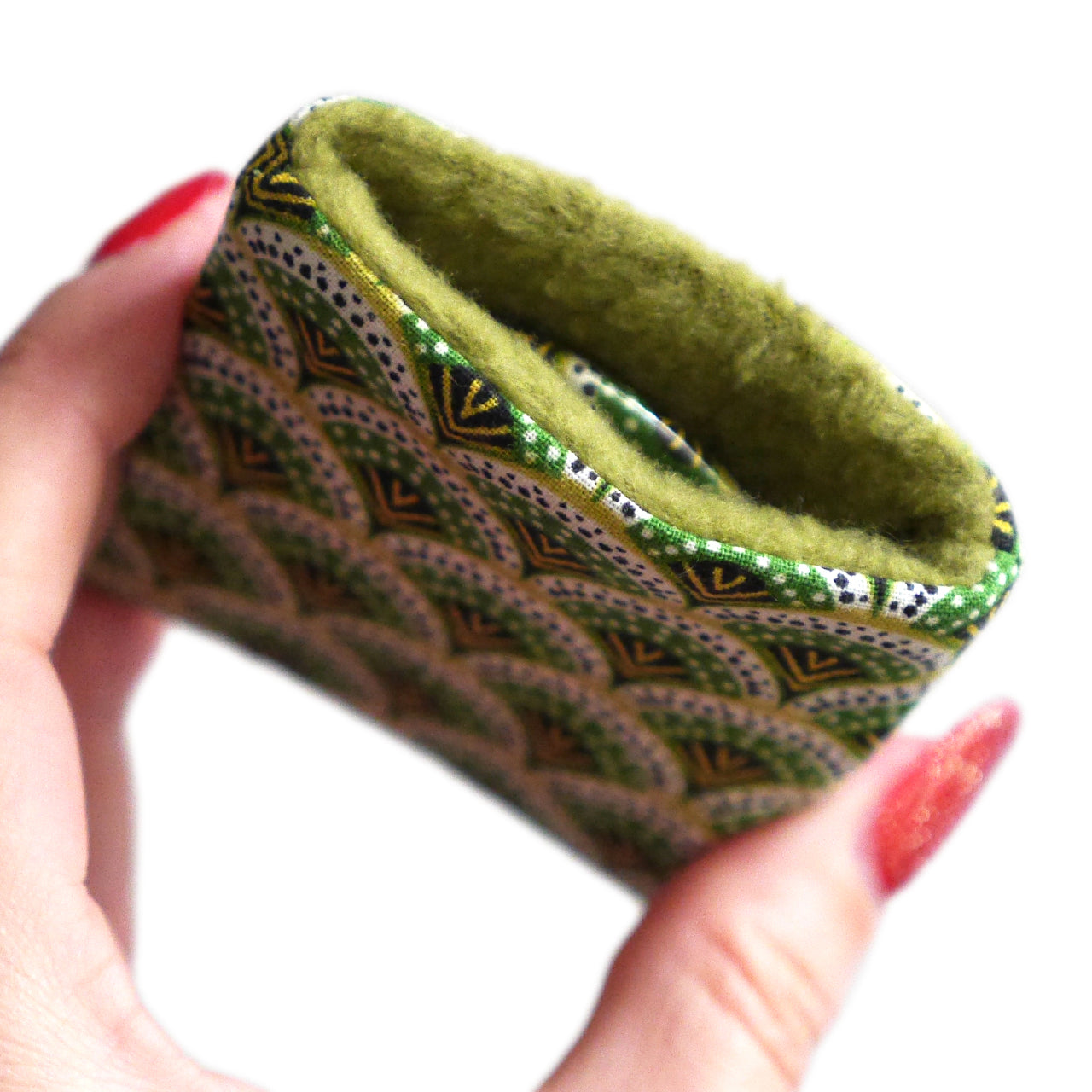 Miroir de poche rond 56mm et son étui assorti en tissu motifs écailles vert