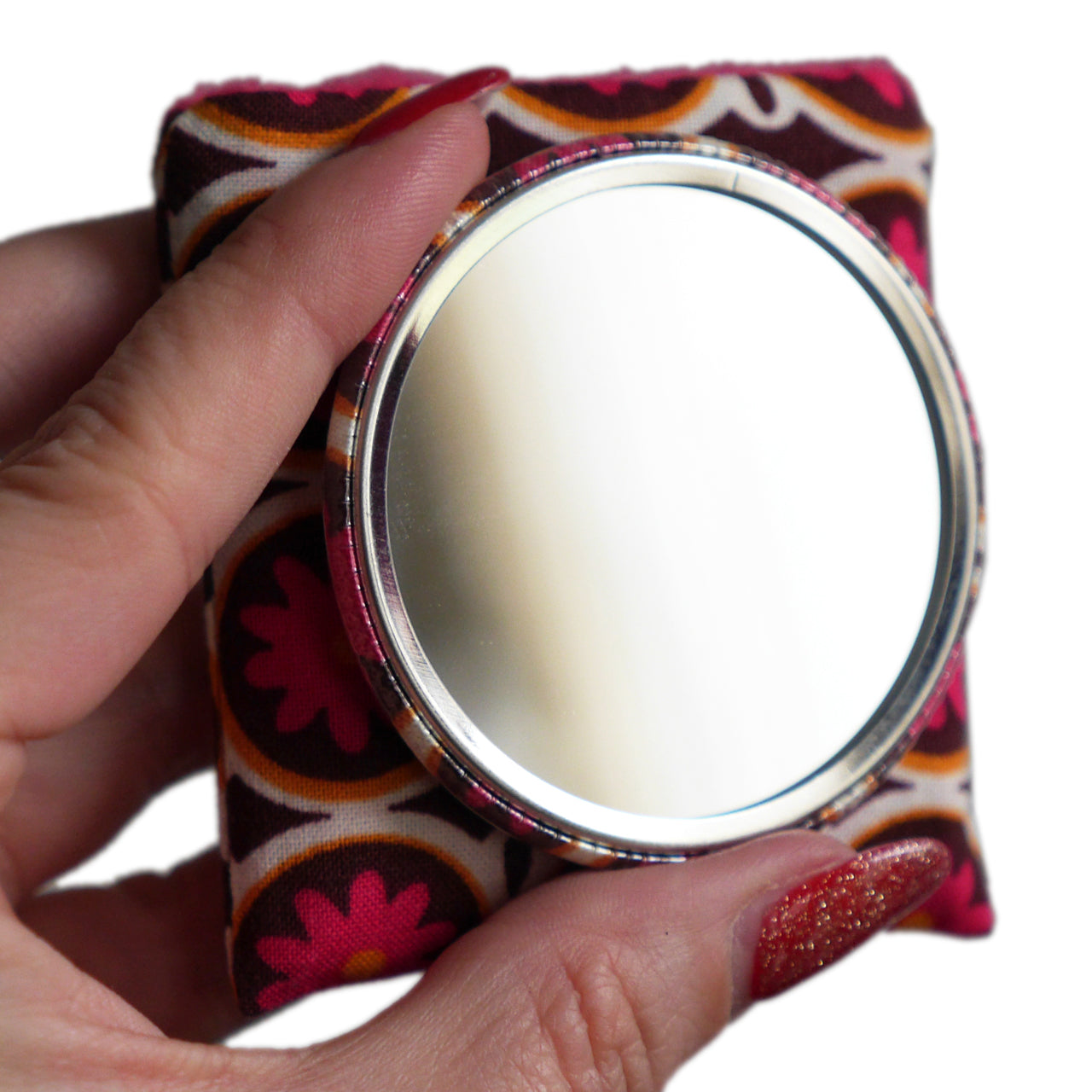 Miroir de poche rond 56mm et son étui tissu motifs petites fleurs rose fuchsia cadeau femme
