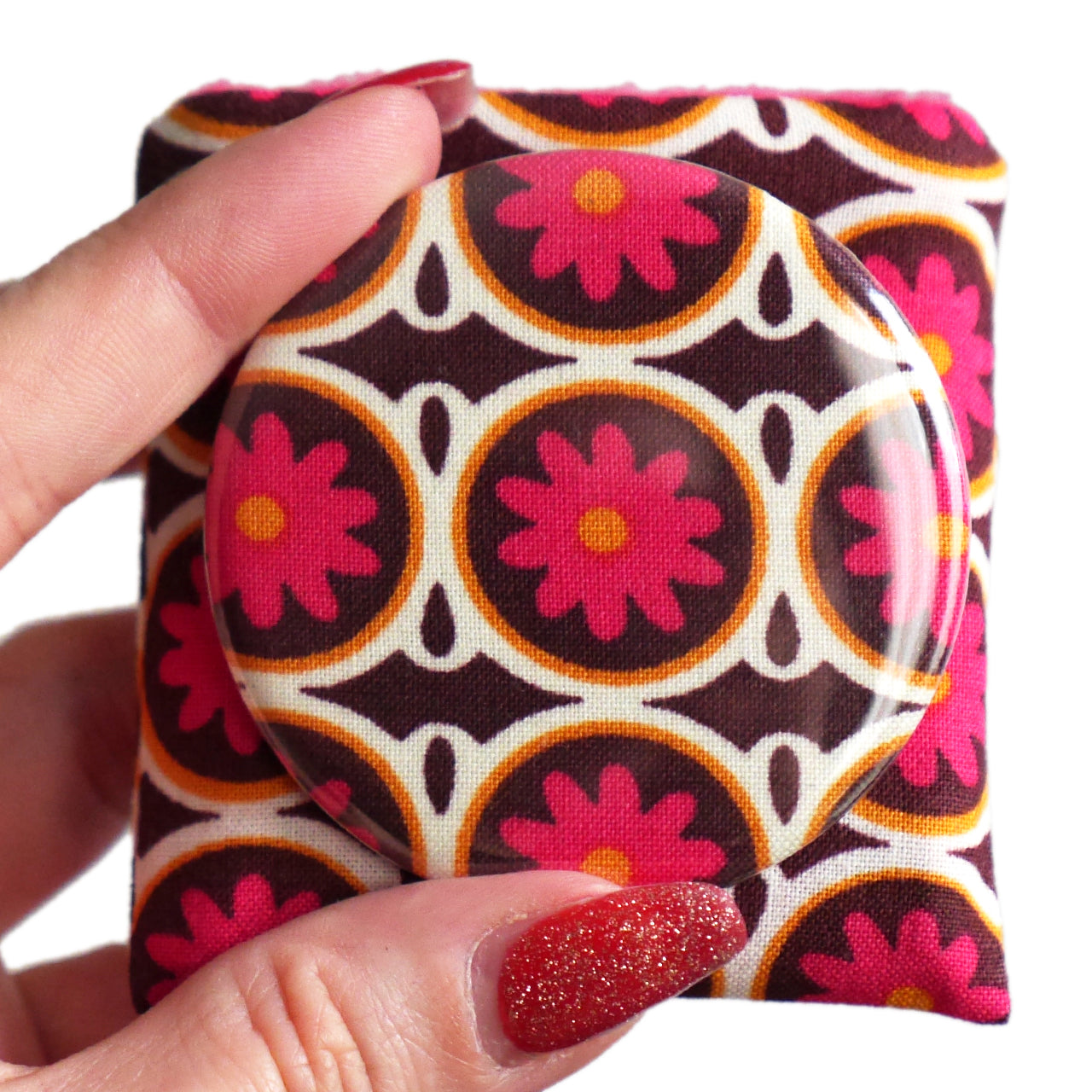 Miroir de poche rond 56mm et son étui tissu motifs petites fleurs rose fuchsia cadeau femme