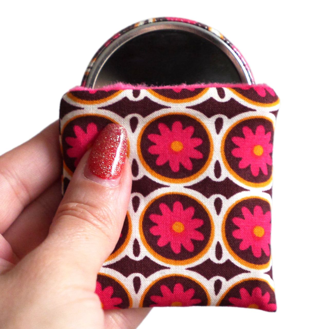 Miroir de poche rond 56mm et son étui tissu motifs petites fleurs rose fuchsia cadeau femme