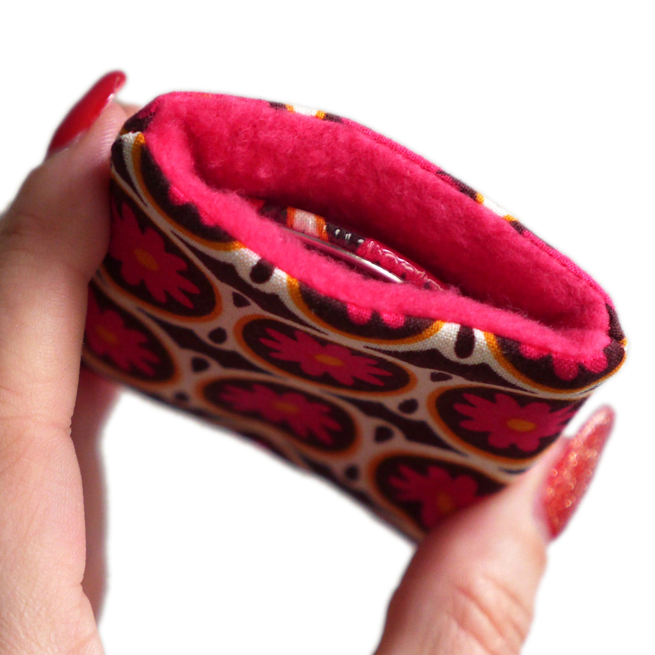 Miroir de poche rond 56mm et son étui tissu motifs petites fleurs rose fuchsia cadeau femme
