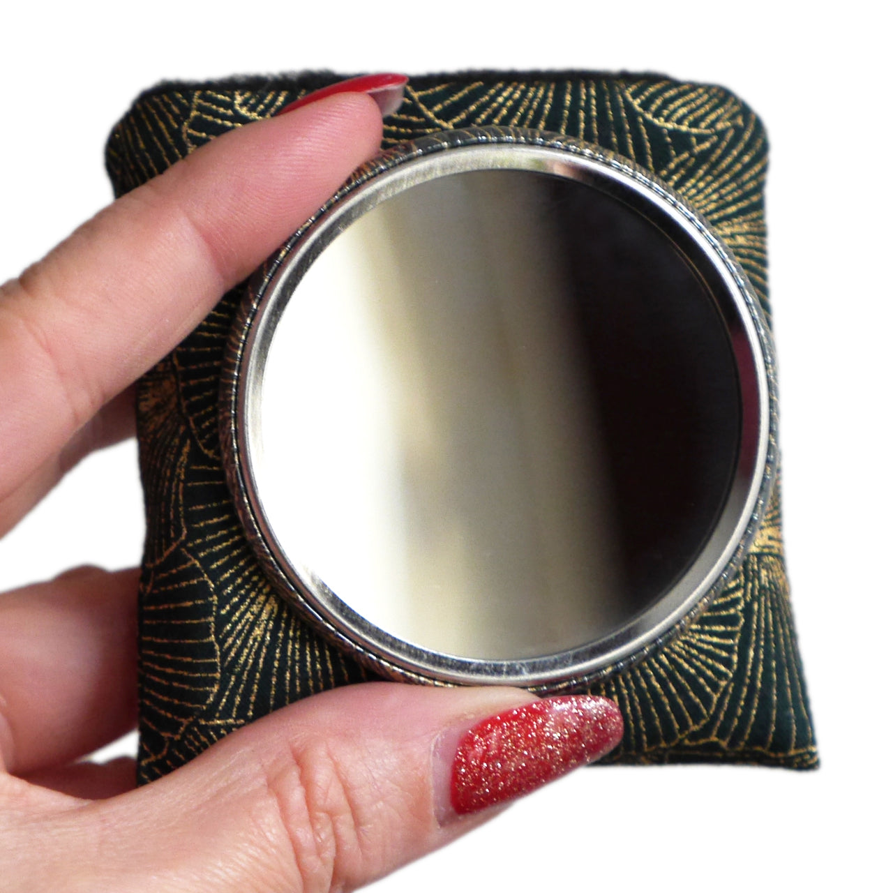 Miroir de poche rond 56mm et son étui assorti en tissu motifs feuilles ginkgo doré scintillant