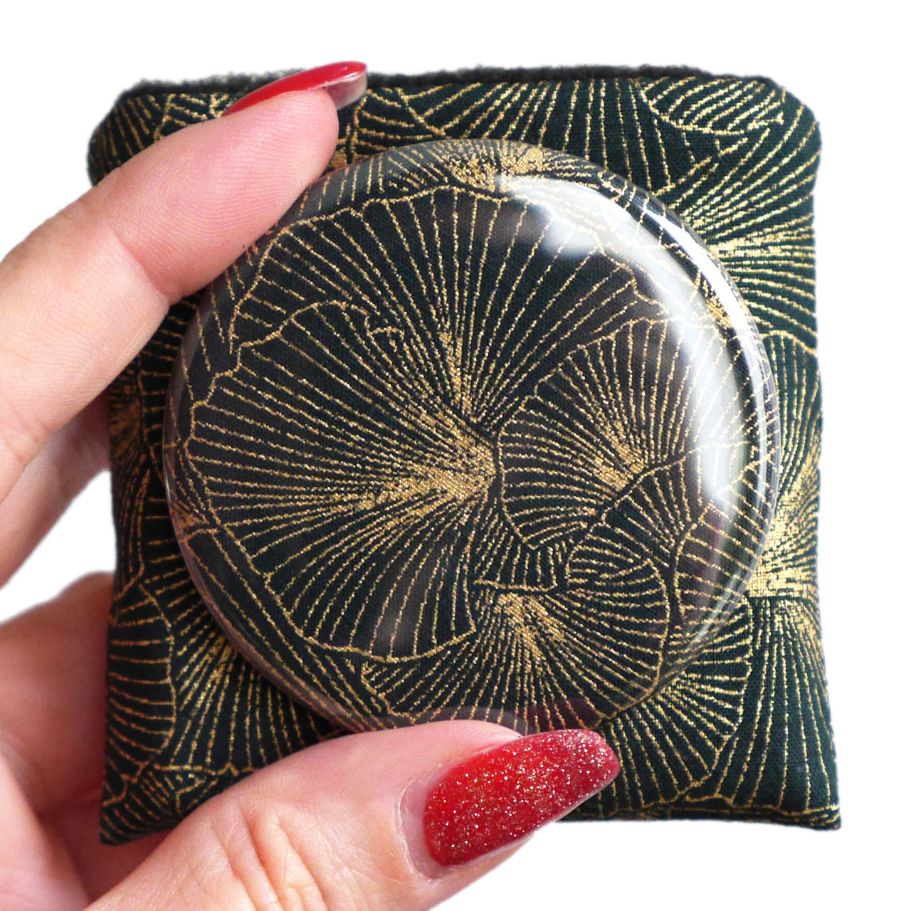 Miroir de poche rond 56mm et son étui assorti en tissu motifs feuilles ginkgo doré scintillant