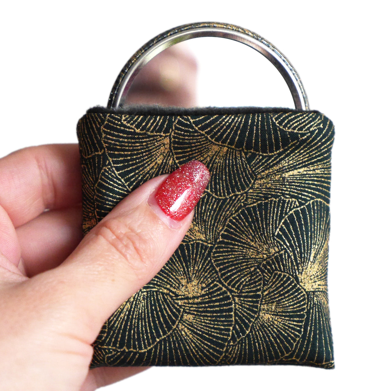 Miroir de poche rond 56mm et son étui assorti en tissu motifs feuilles ginkgo doré scintillant