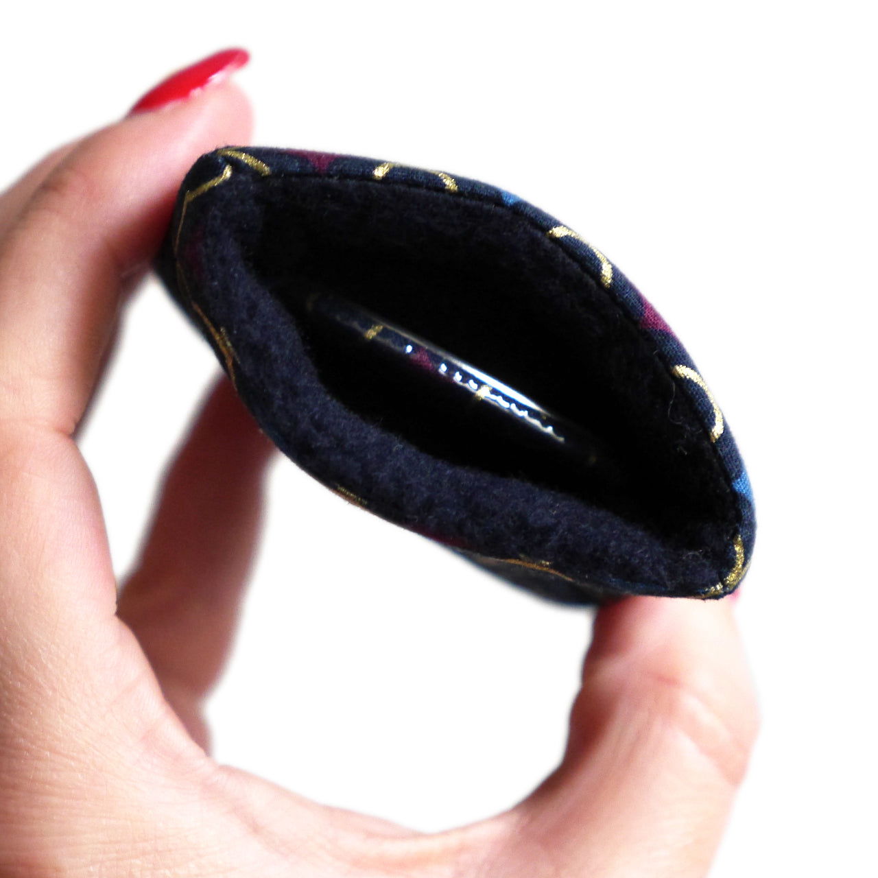 56mm round pocket mirror and matching case in fabric with gold and navy blue mosaic patterns
