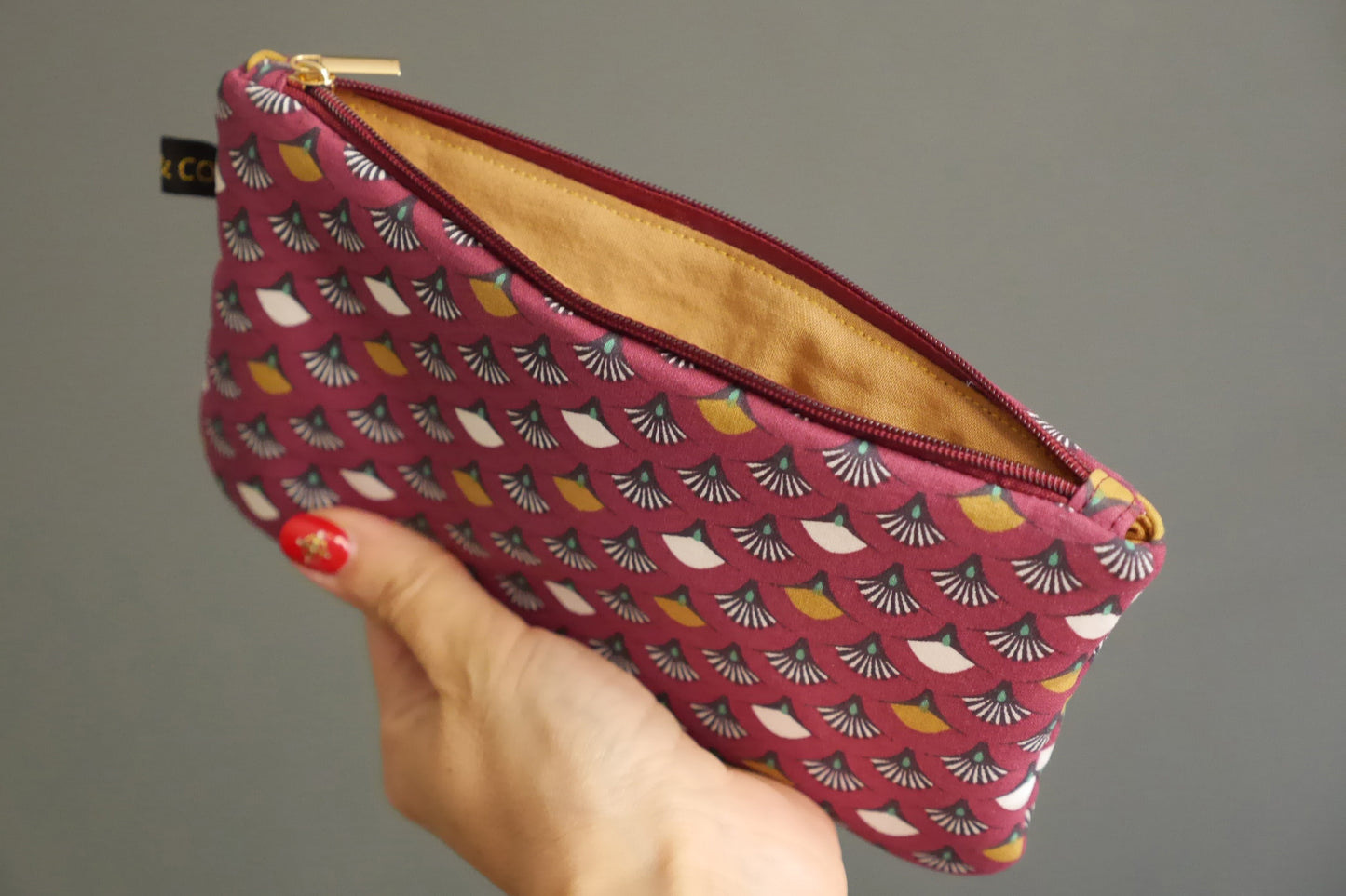 Glasses case pouch bag fabric Japanese fan garnet red zipped gift woman accessory bag unique original