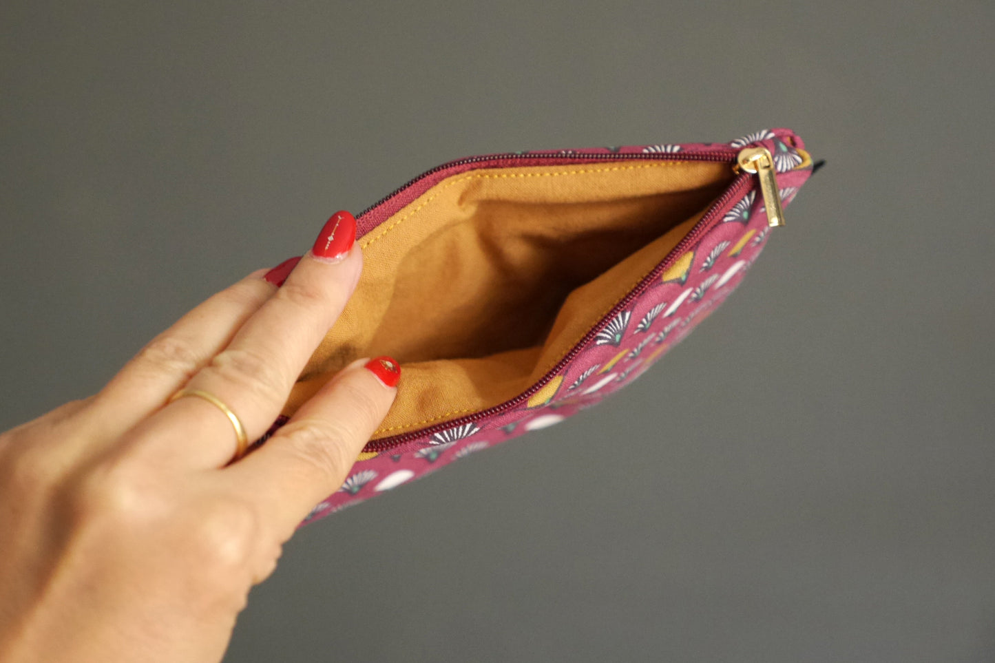Glasses case pouch bag fabric Japanese fan garnet red zipped gift woman accessory bag unique original