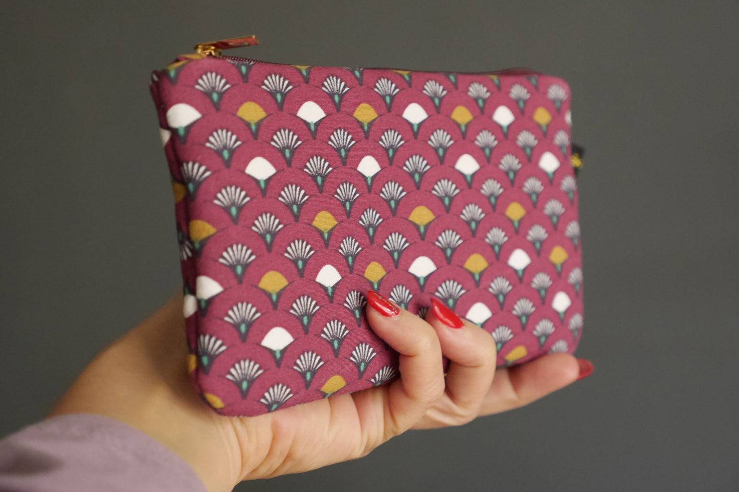 Glasses case pouch bag fabric Japanese fan garnet red zipped gift woman accessory bag unique original