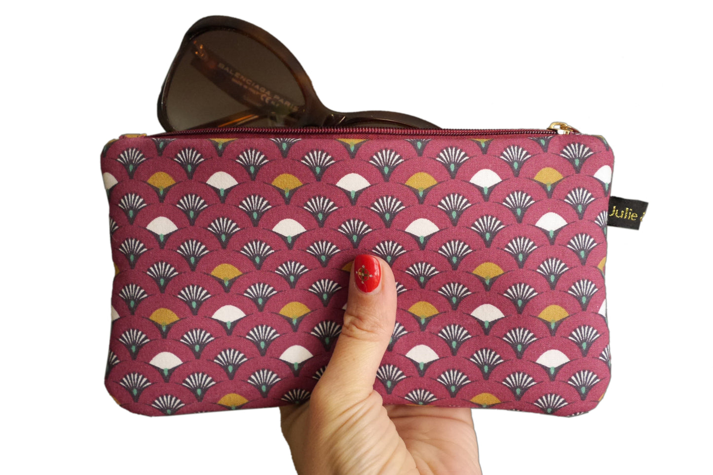 Glasses case pouch bag fabric Japanese fan garnet red zipped gift woman accessory bag unique original