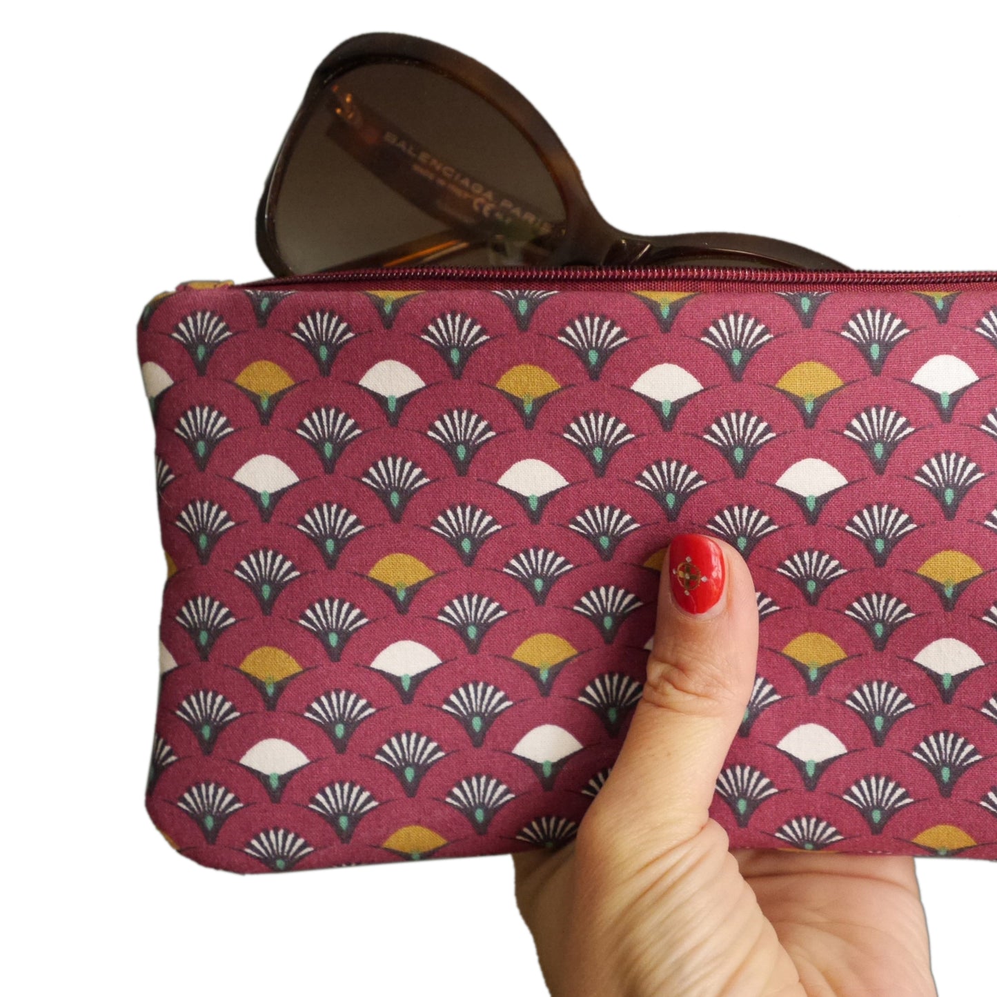 Glasses case pouch bag fabric Japanese fan garnet red zipped gift woman accessory bag unique original