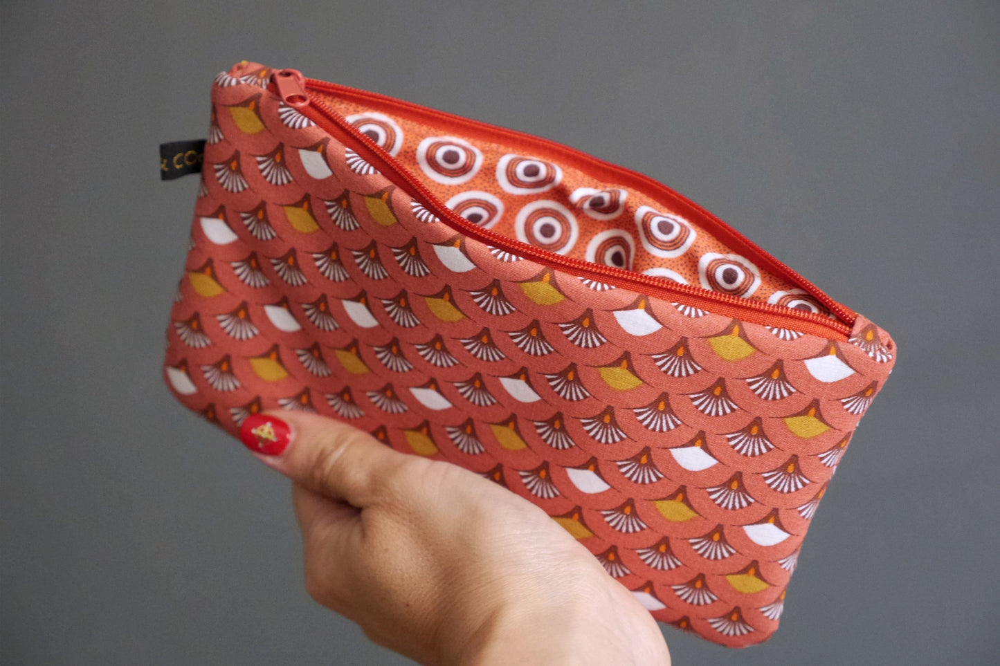 Pochette trousse étui à lunettes tissu éventail japonais corail zippé cadeau femme accessoire sac unique original
