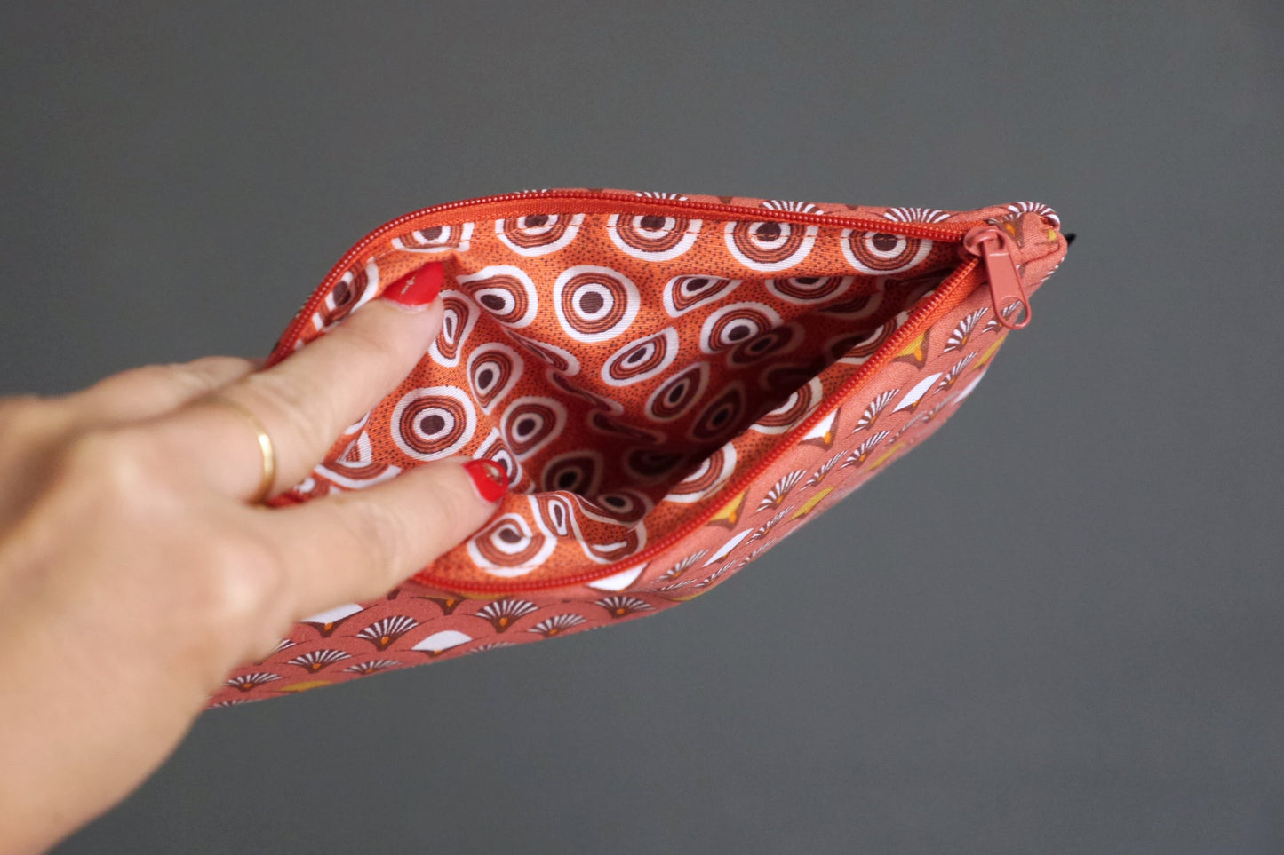 Pochette trousse étui à lunettes tissu éventail japonais corail zippé cadeau femme accessoire sac unique original