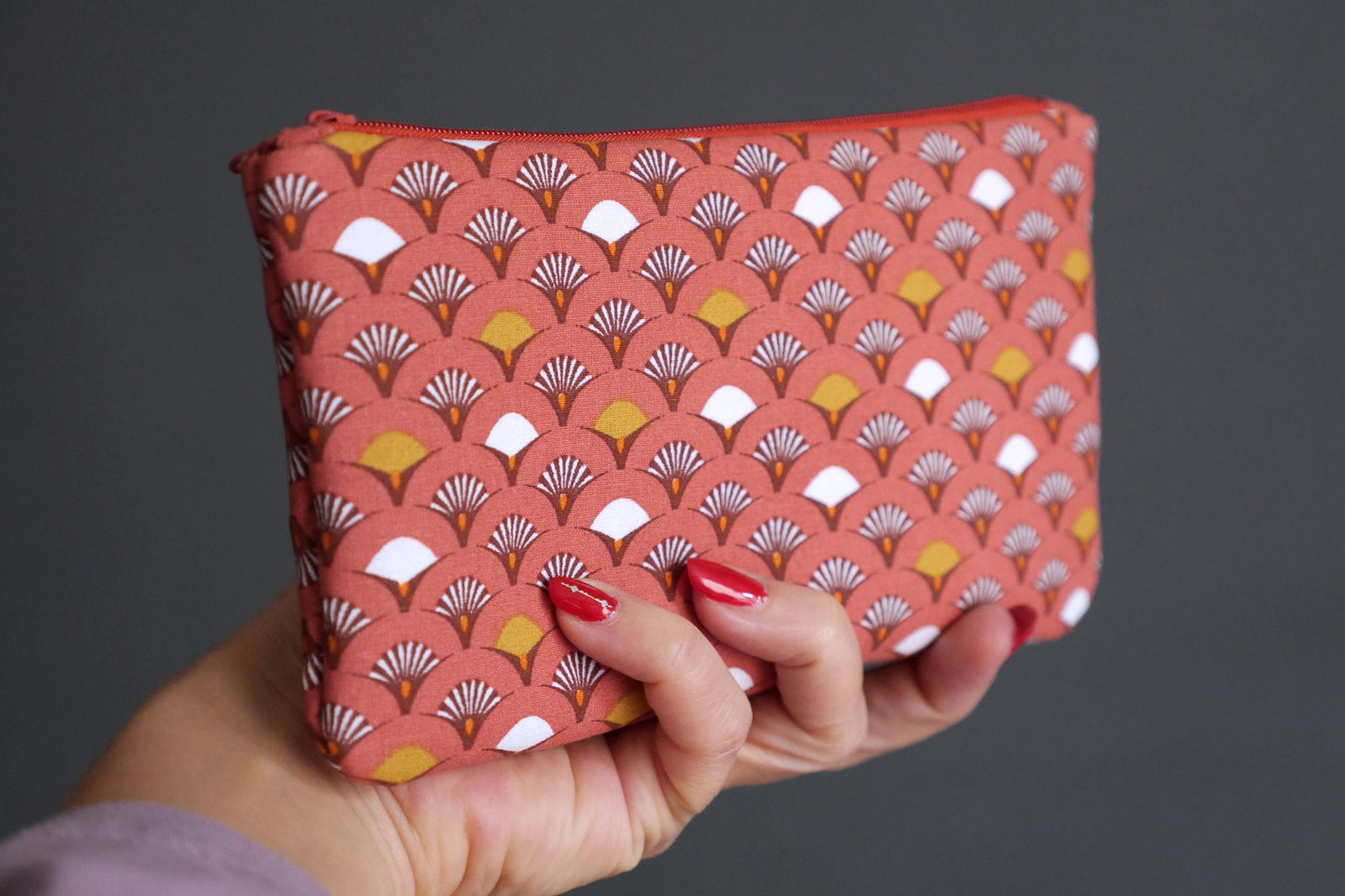 Pochette trousse étui à lunettes tissu éventail japonais corail zippé cadeau femme accessoire sac unique original