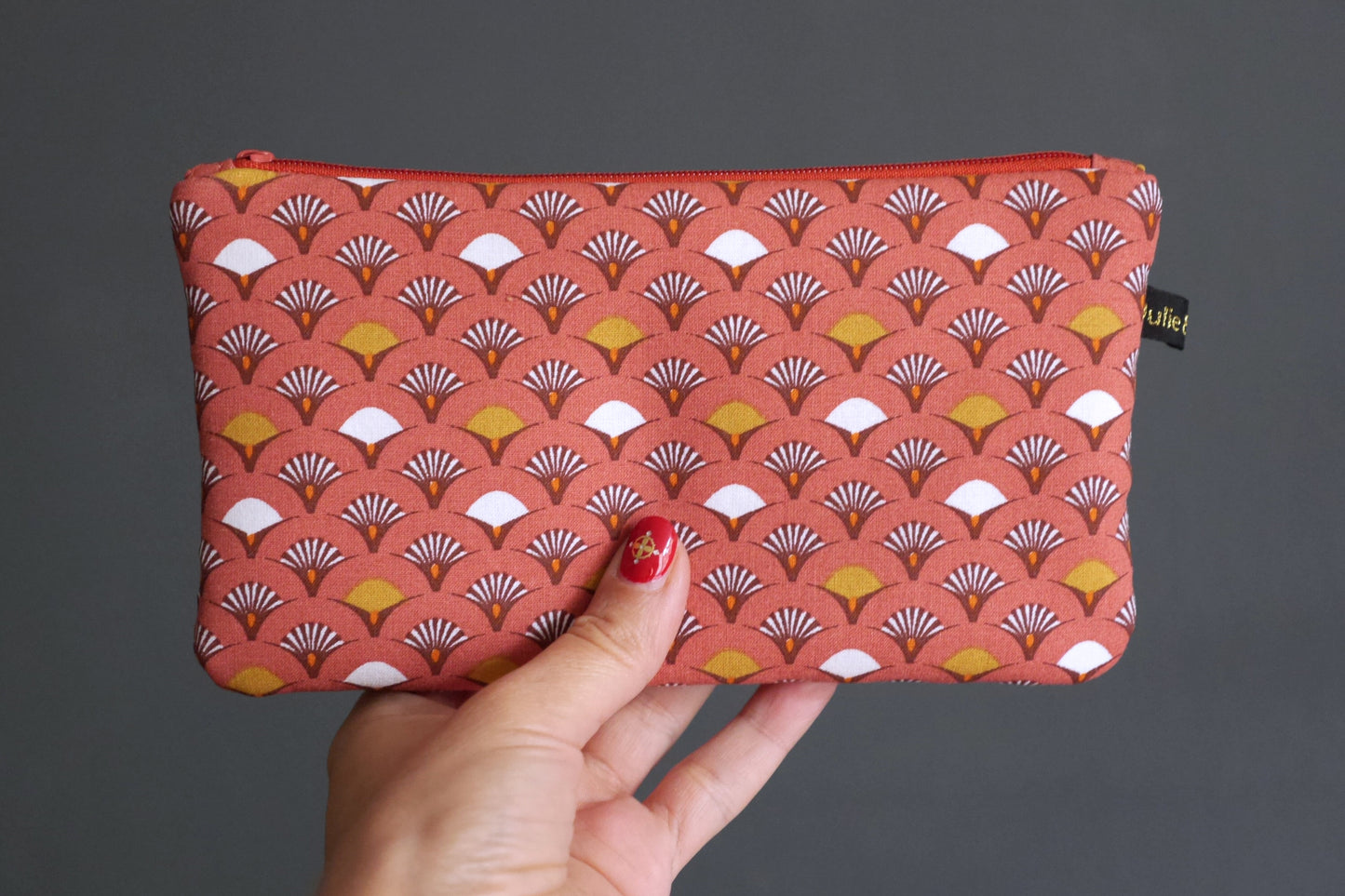 Pochette trousse étui à lunettes tissu éventail japonais corail zippé cadeau femme accessoire sac unique original