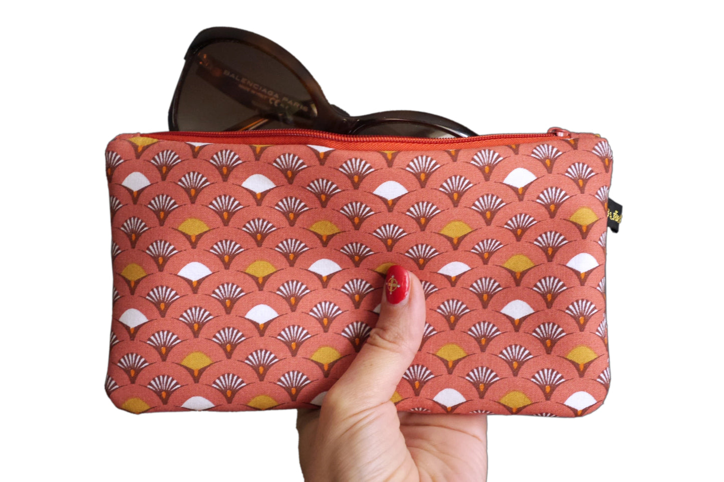 Pochette trousse étui à lunettes tissu éventail japonais corail zippé cadeau femme accessoire sac unique original