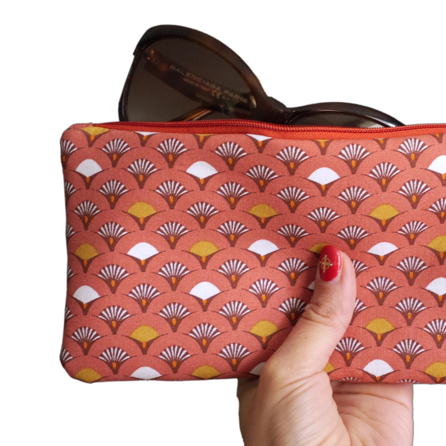 Pochette trousse étui à lunettes tissu éventail japonais corail zippé cadeau femme accessoire sac unique original