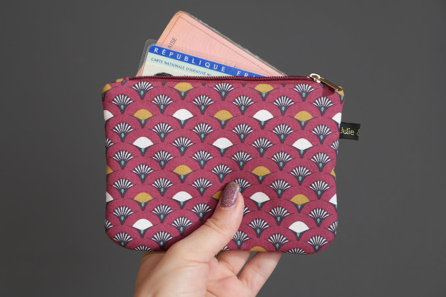 Porte-monnaie simple tissu éventail japonais rouge grenat pochette trousse zippé cadeau femme accessoire sac unique original