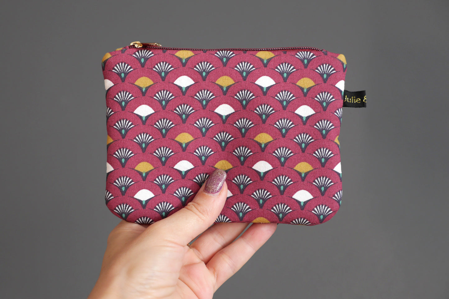 Porte-monnaie simple tissu éventail japonais rouge grenat pochette trousse zippé cadeau femme accessoire sac unique original