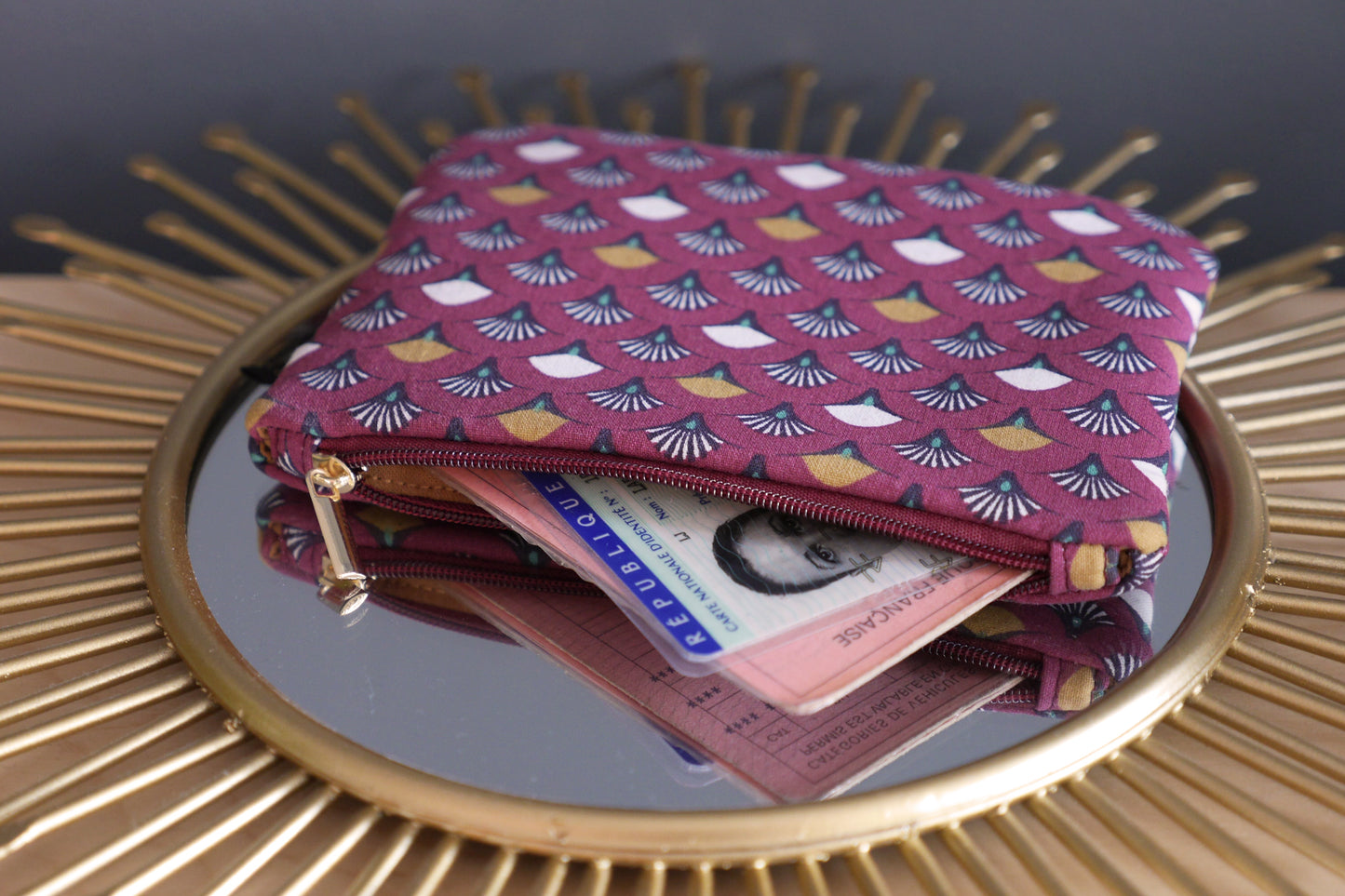 Porte-monnaie simple tissu éventail japonais rouge grenat pochette trousse zippé cadeau femme accessoire sac unique original