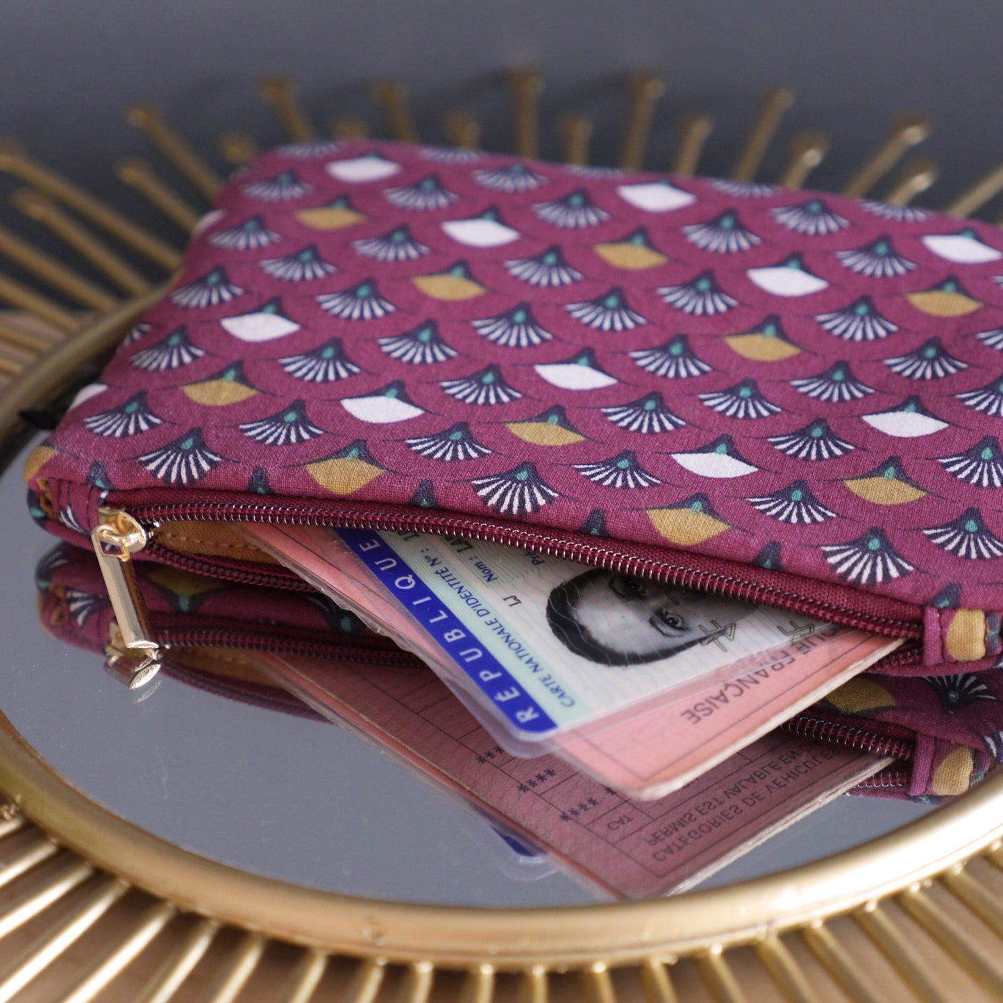 Porte-monnaie simple tissu éventail japonais rouge grenat pochette trousse zippé cadeau femme accessoire sac unique original