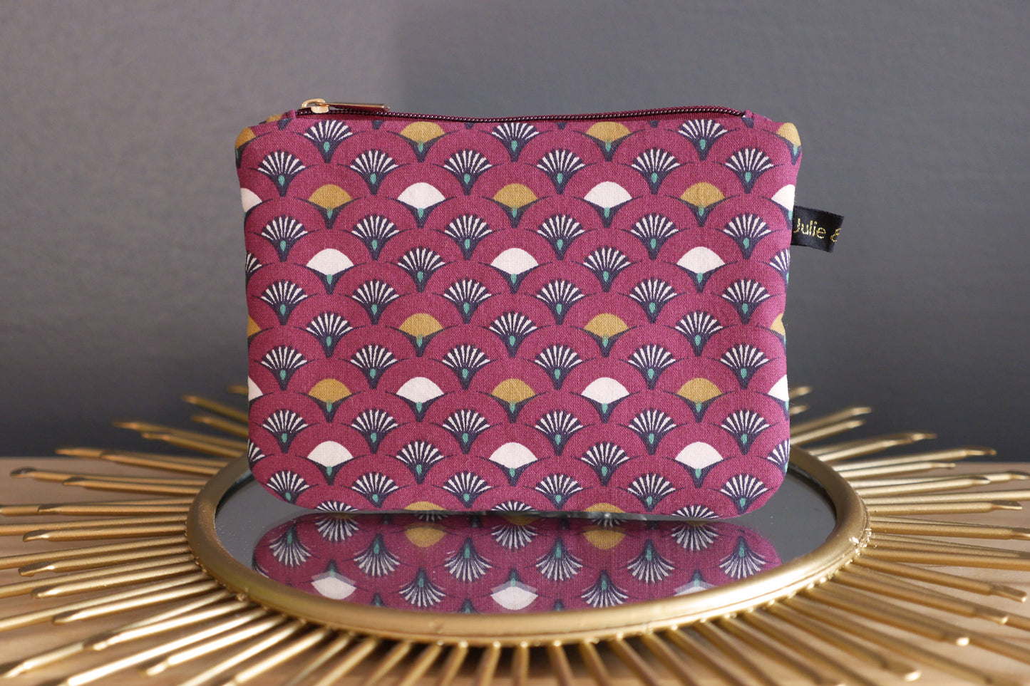 Porte-monnaie simple tissu éventail japonais rouge grenat pochette trousse zippé cadeau femme accessoire sac unique original