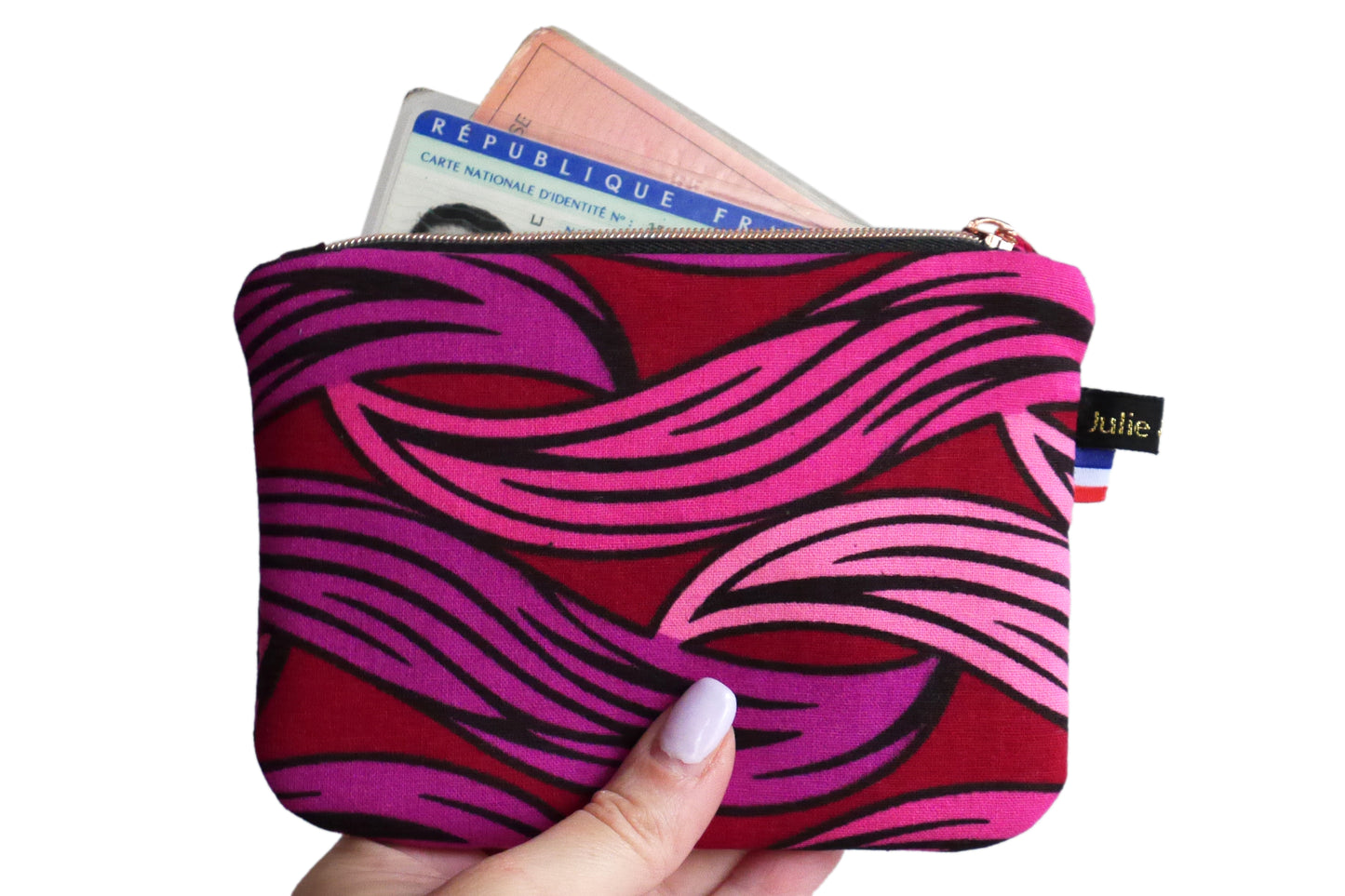 Porte-monnaie pochette trousse femme tissu wax vagues rose rouge violet zip noir et rose gold