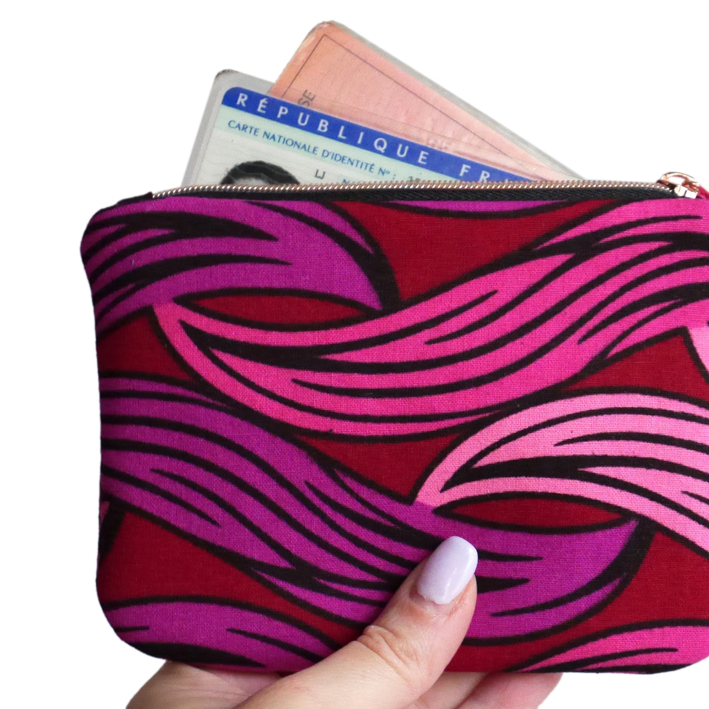 Porte-monnaie pochette trousse femme tissu wax vagues rose rouge violet zip noir et rose gold