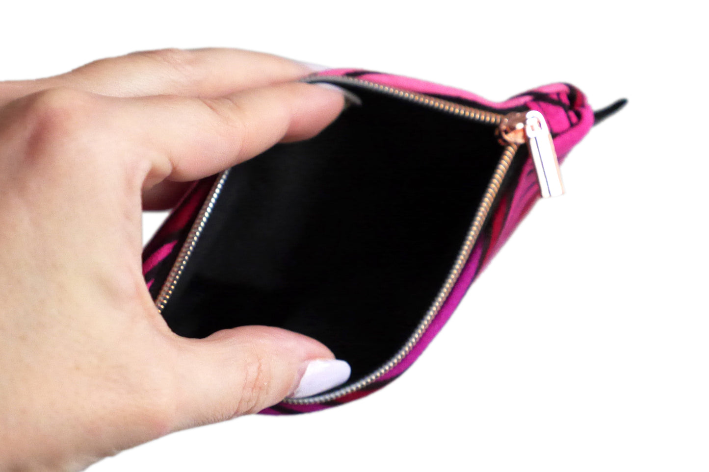 Porte-monnaie pochette trousse femme tissu wax vagues rose rouge violet zip noir et rose gold