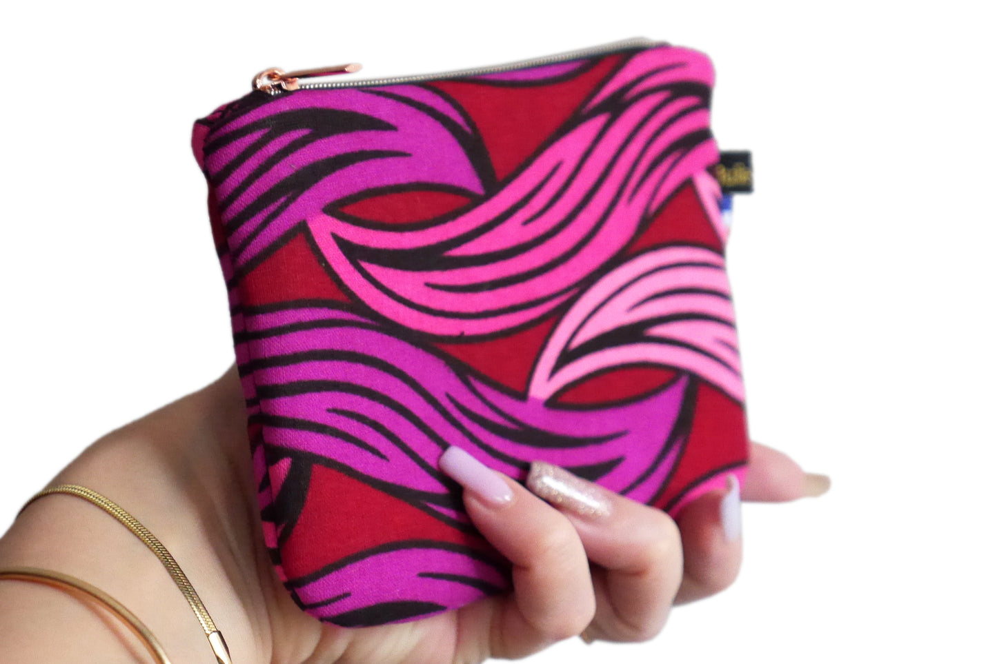 Porte-monnaie pochette trousse femme tissu wax vagues rose rouge violet zip noir et rose gold