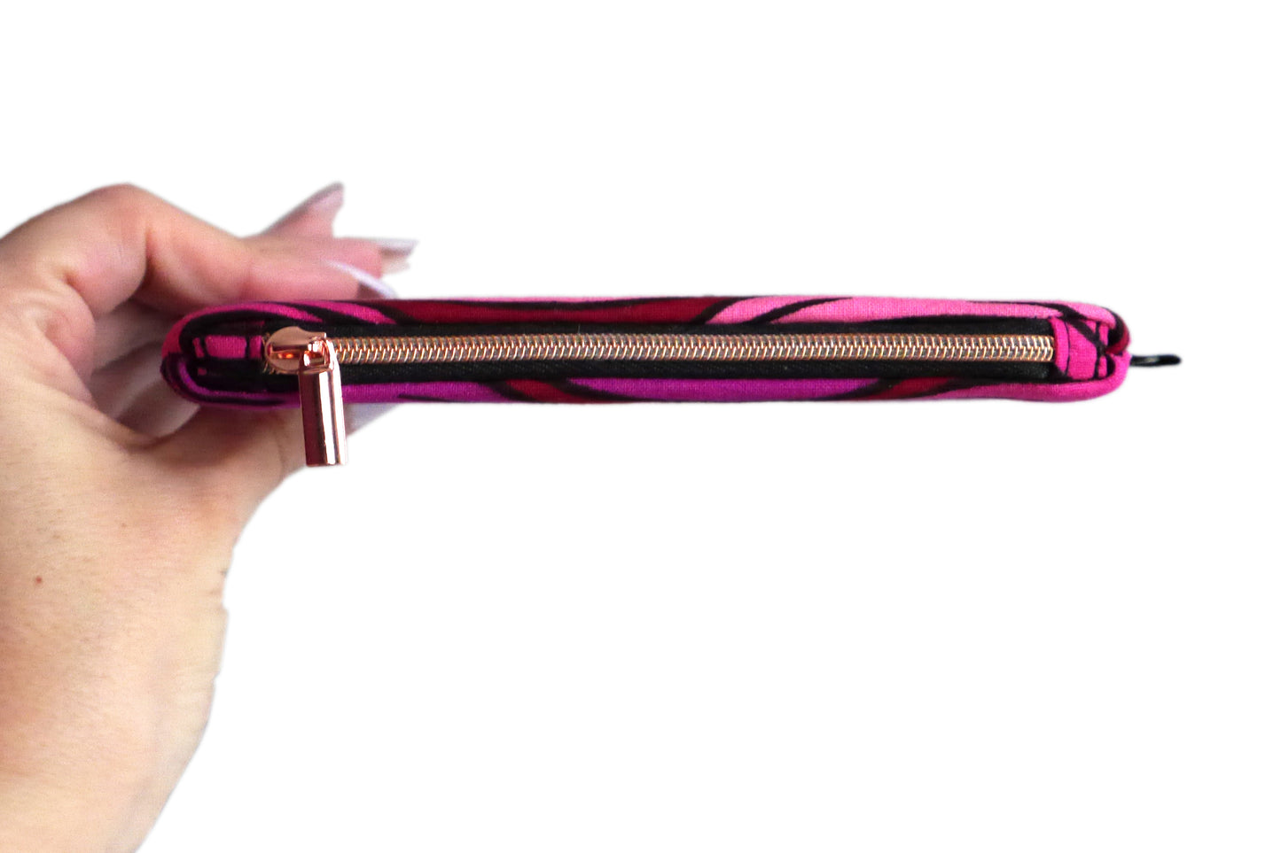 Porte-monnaie pochette trousse femme tissu wax vagues rose rouge violet zip noir et rose gold