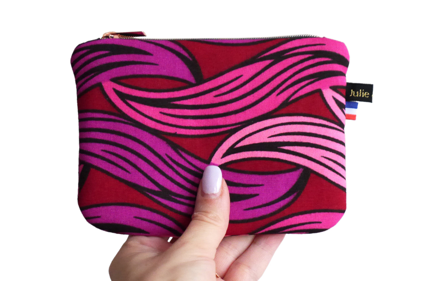 Porte-monnaie pochette trousse femme tissu wax vagues rose rouge violet zip noir et rose gold