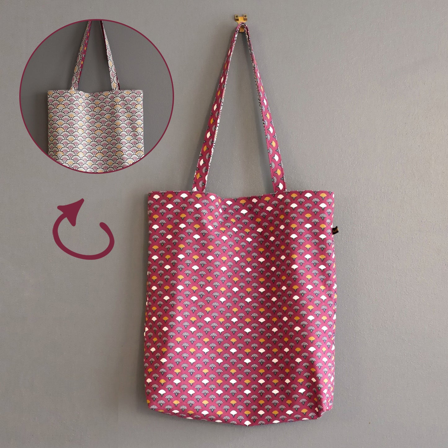 Tote bag réversible femme sac tissu motifs japonais éventails écailles rouge grenat rose corail jaune cabas automne original