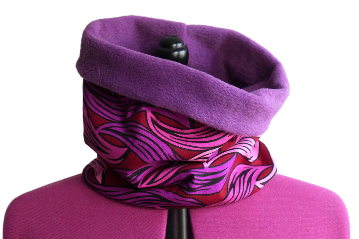 Snood neck scarf wax fabric waves pink and purple reversible fleece neck warmer winter handmade women's accessory
