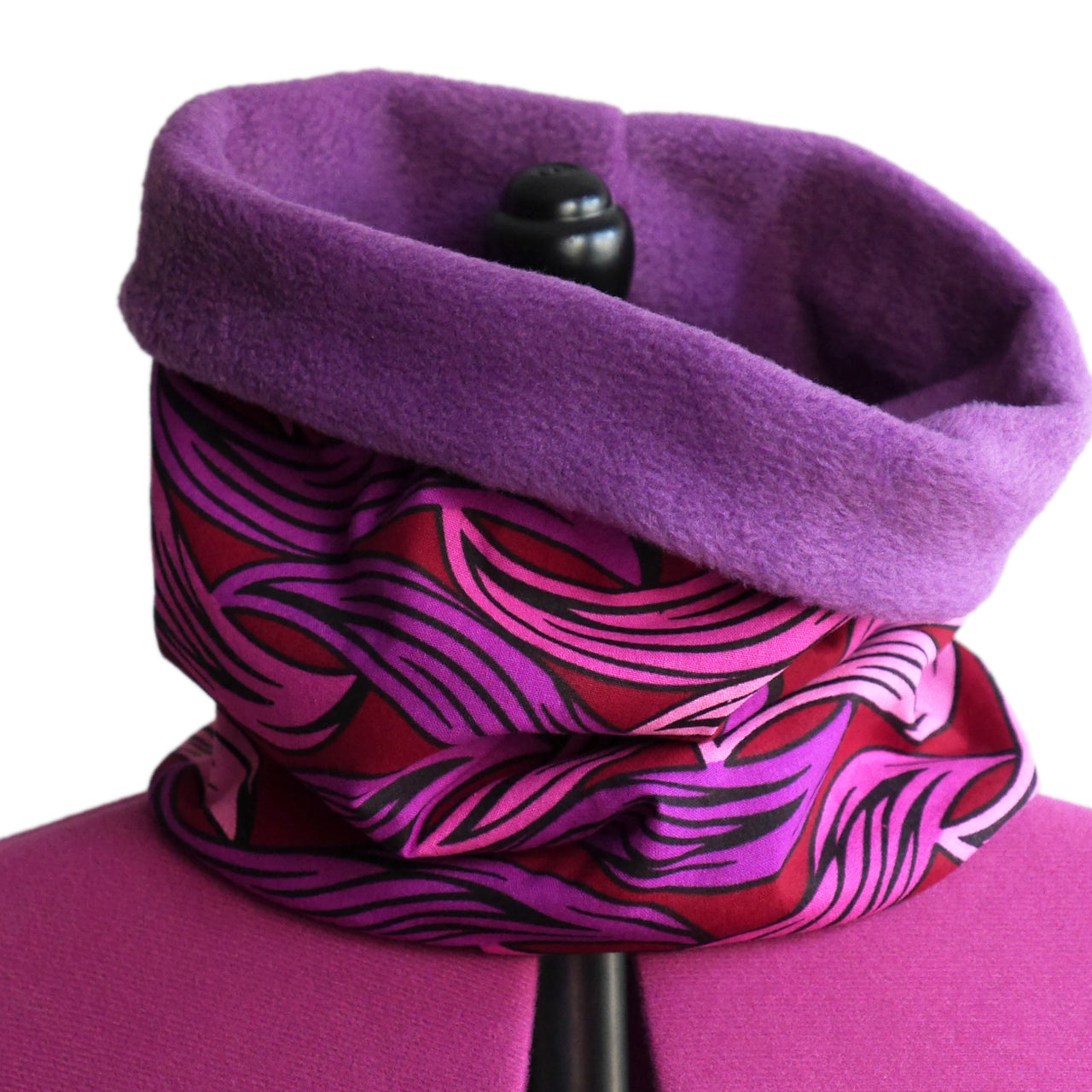 Snood neck scarf wax fabric waves pink and purple reversible fleece neck warmer winter handmade women's accessory