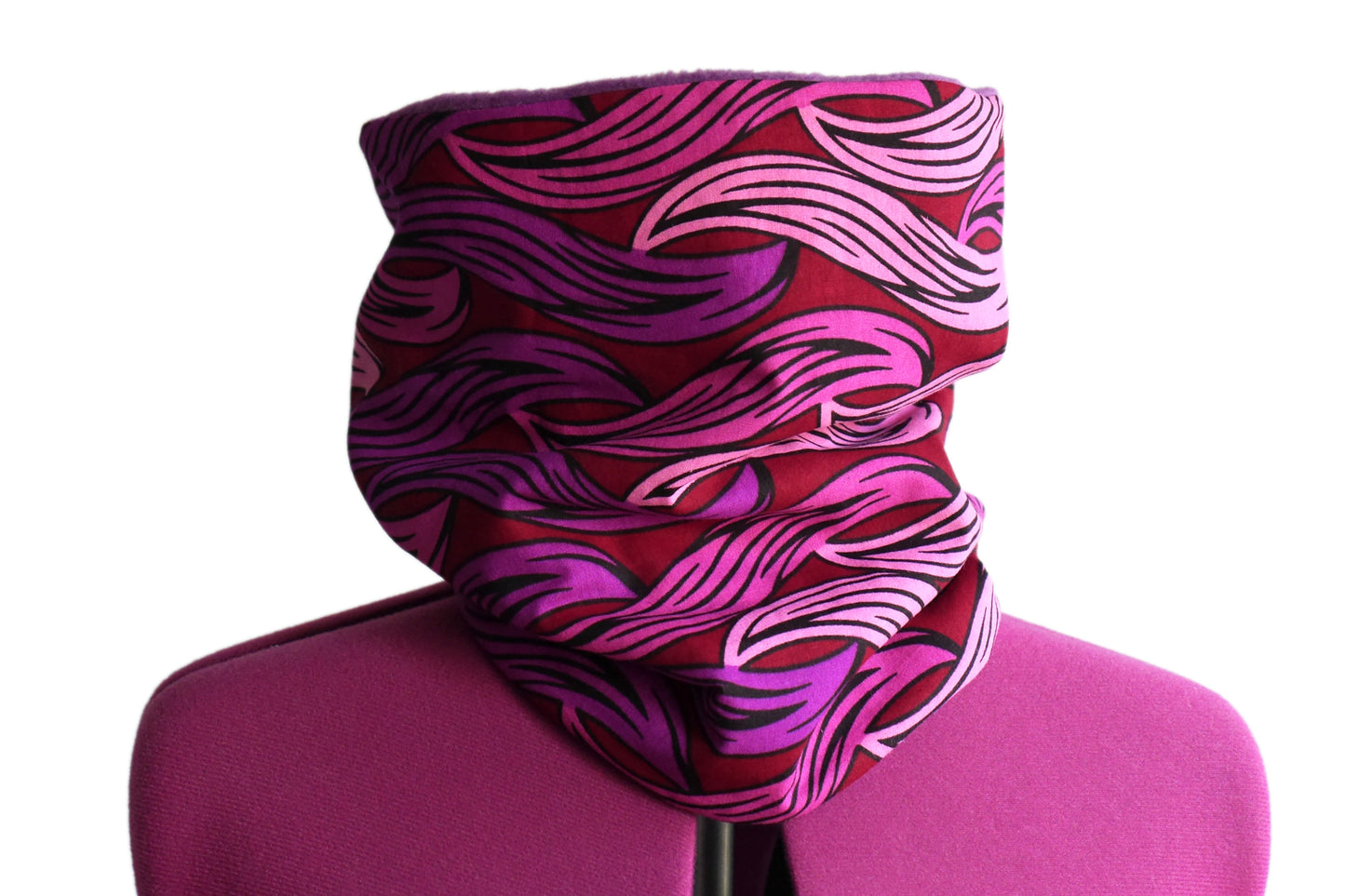 Snood neck scarf wax fabric waves pink and purple reversible fleece neck warmer winter handmade women's accessory