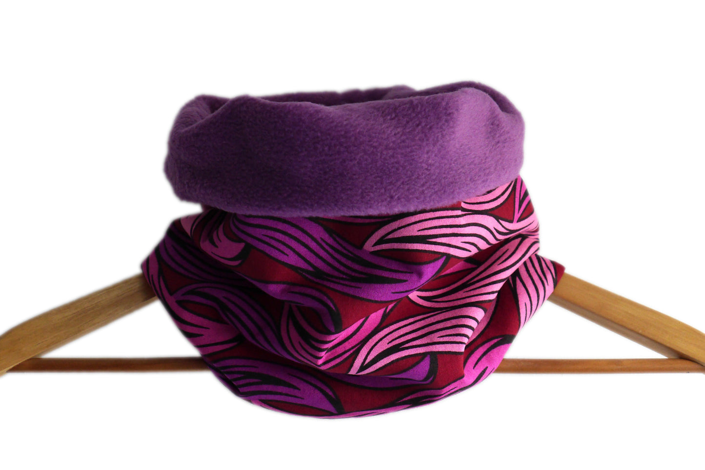 Snood neck scarf wax fabric waves pink and purple reversible fleece neck warmer winter handmade women's accessory