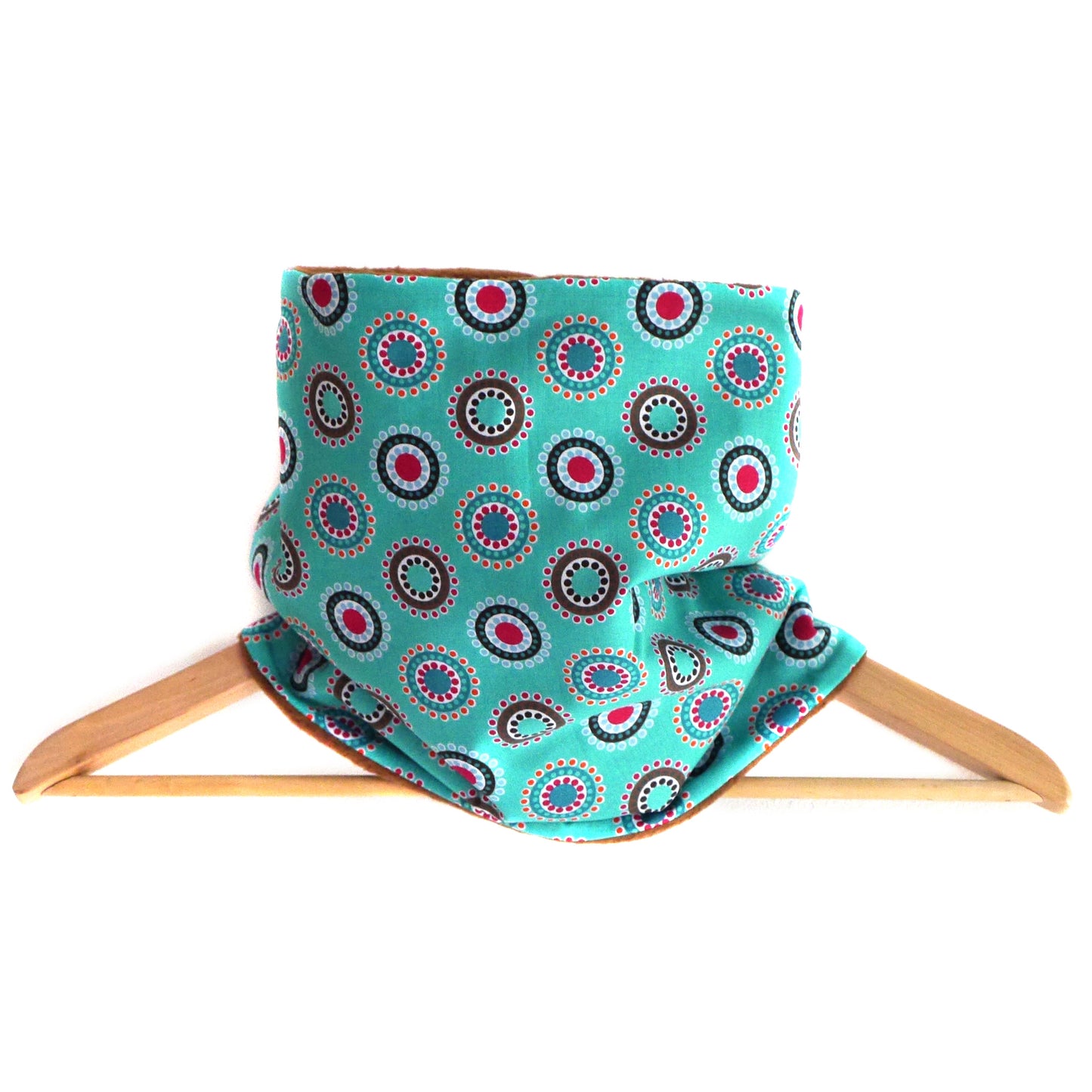 Snood écharpe col polaire marron et tissu turquoise coton imprimé réversible graphique bleu ronds et cercles pop