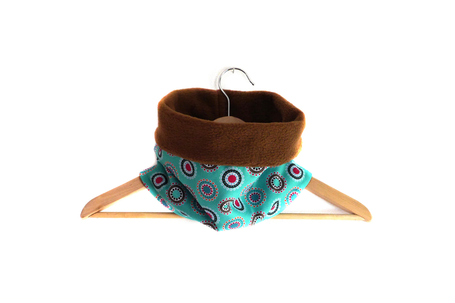 Snood écharpe col polaire marron et tissu turquoise coton imprimé réversible graphique bleu ronds et cercles pop