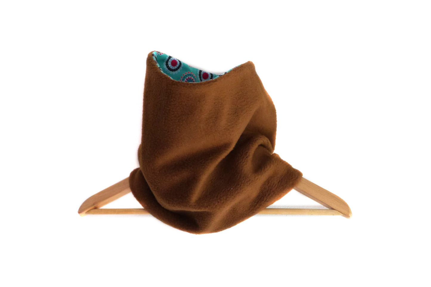 Snood écharpe col polaire marron et tissu turquoise coton imprimé réversible graphique bleu ronds et cercles pop
