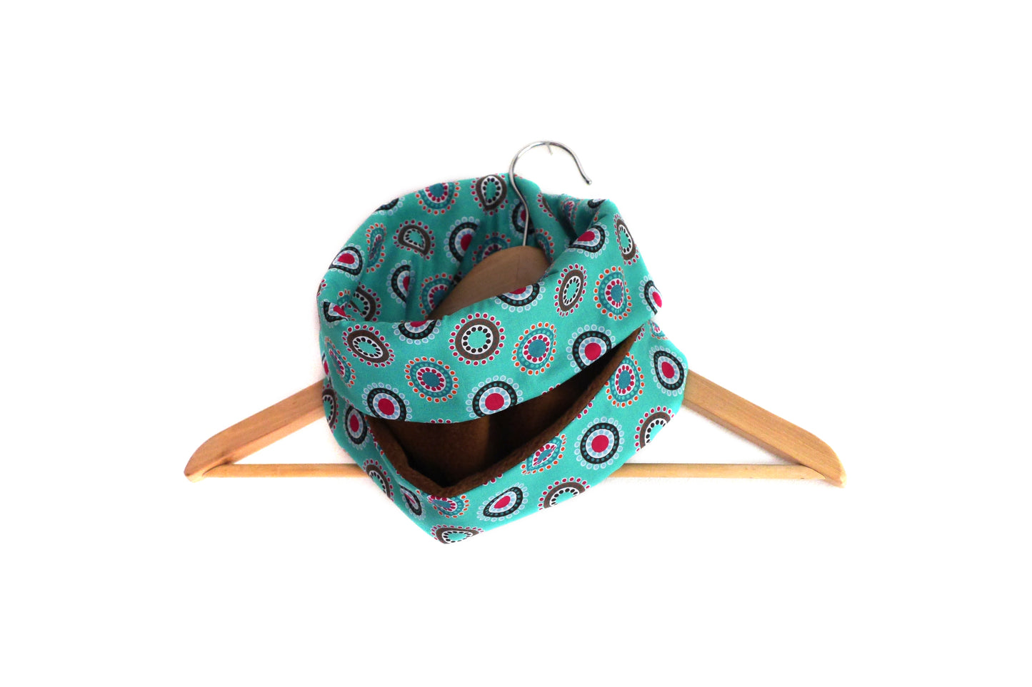 Snood écharpe col polaire marron et tissu turquoise coton imprimé réversible graphique bleu ronds et cercles pop