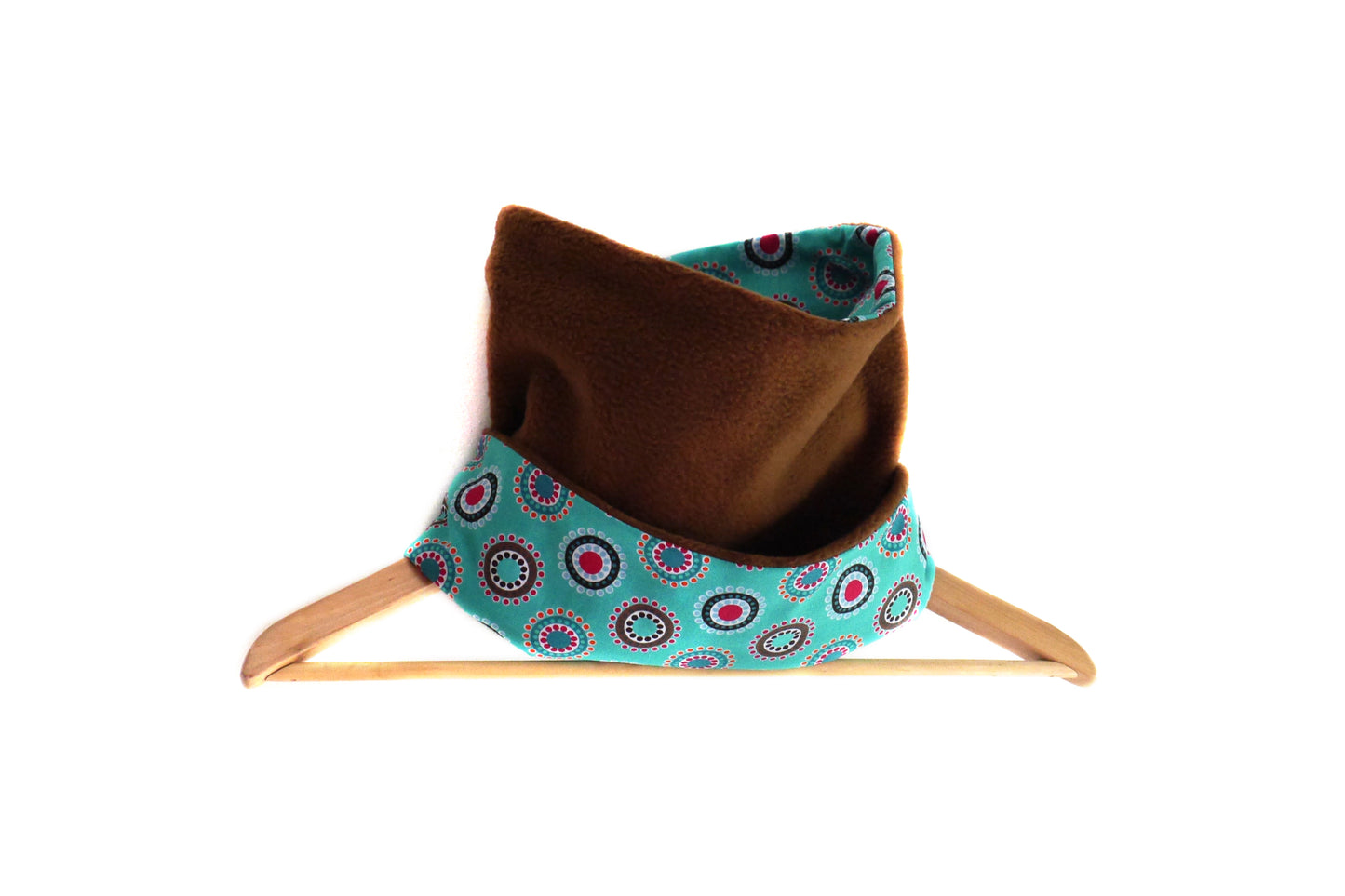 Snood écharpe col polaire marron et tissu turquoise coton imprimé réversible graphique bleu ronds et cercles pop