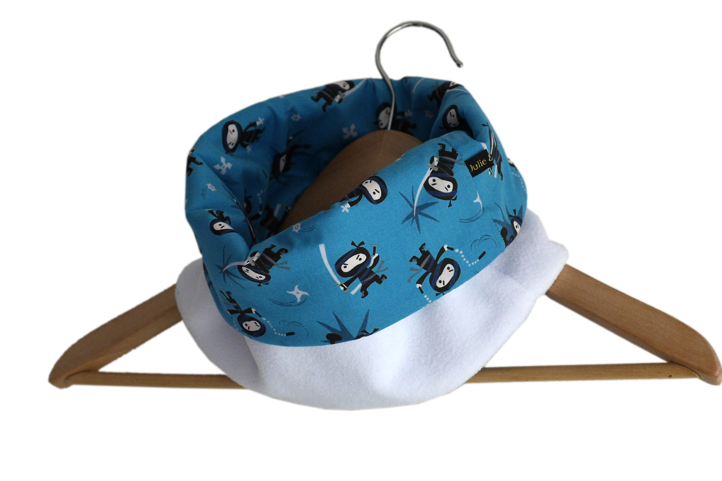 Tour de cou garçon ninja bleu turquoise polaire blanc col snood enfant hiver réversible froid ski mode unique