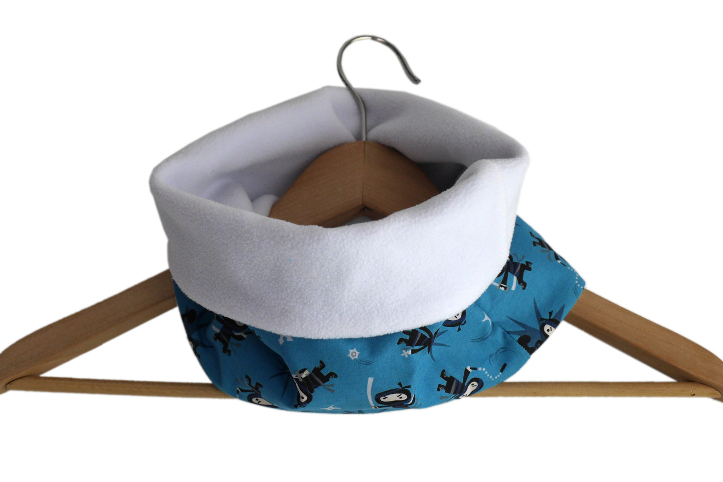 Tour de cou garçon ninja bleu turquoise polaire blanc col snood enfant hiver réversible froid ski mode unique