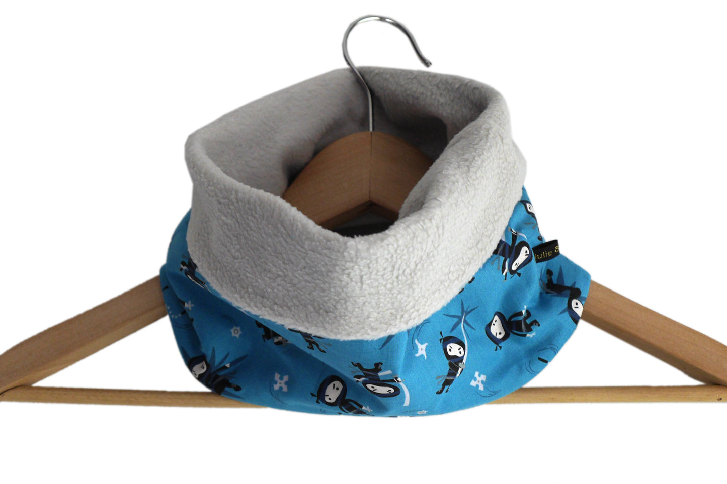 Tour de cou garçon ninja bleu turquoise polaire blanc col snood enfant hiver réversible froid ski mode unique