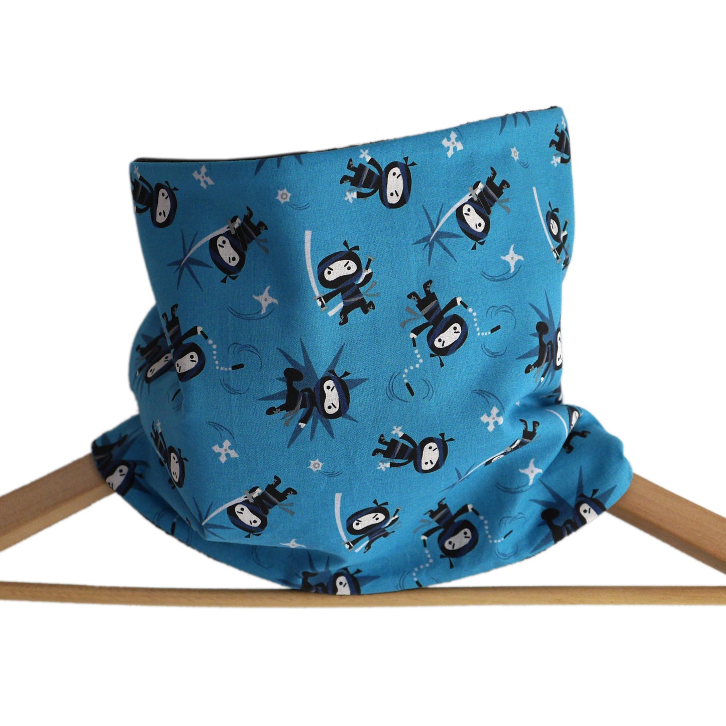 Tour de cou garçon ninja bleu turquoise polaire blanc col snood enfant hiver réversible froid ski mode unique